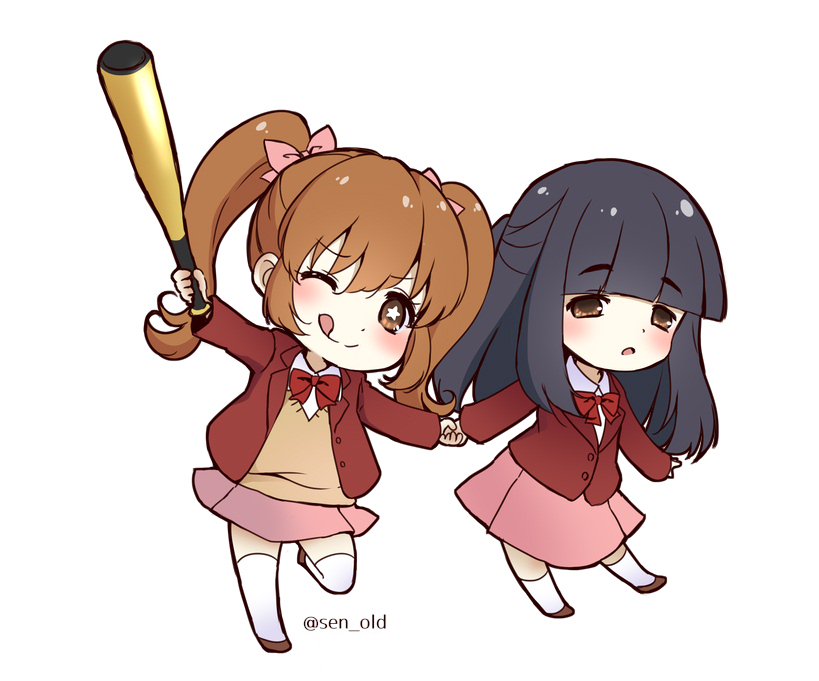 2girls, baseball_bat, black_hair, blazer, blunt_bangs, bow, brown_eyes, brown_hair