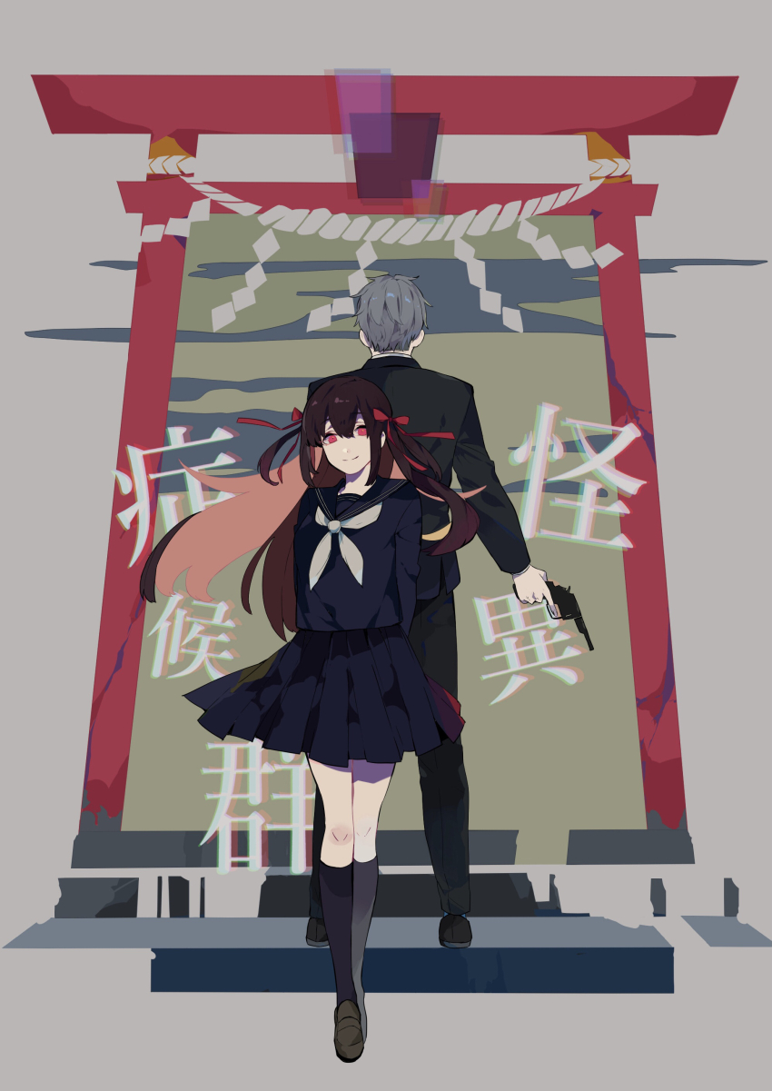 1boy, 1girl, absurdres, back-to-back, black_hair, black_serafuku, blunt_bangs, formal_clothes