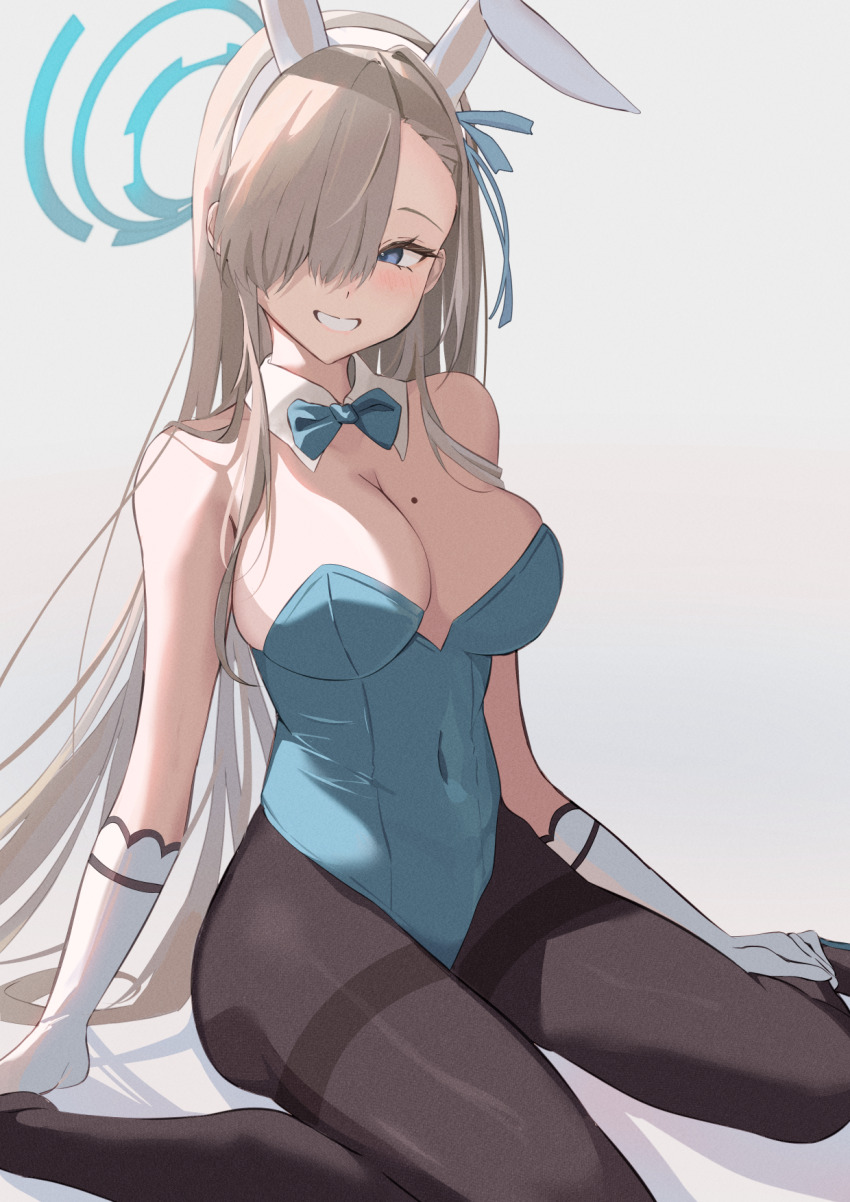 1girl, animal_ears, asuna_(blue_archive), asuna_(bunny)_(blue_archive), bare_shoulders, blue_archive, blue_bow, blue_bowtie