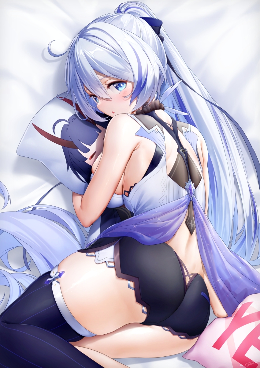 1girl, ahoge, ass, back, bare_shoulders, bed, black_thighhighs, blue_eyes, breasts, butt_crack, dakimakura_(object), dress, highres, holding, honkai_(series), honkai_impact_3rd, kiana_kaslana, kiana_kaslana_(herrscher_of_flamescion), kiana_kaslana_(time_runner), large_breasts, looking_at_viewer, looking_back, open_mouth, pillow, ponytail, raiden_mei, raiden_mei_(herrscher_of_thunder), single_thighhigh, sleeveless, sleeveless_dress, solo, thighhighs, thighs, white_dress, white_hair, xfate, zettai_ryouiki