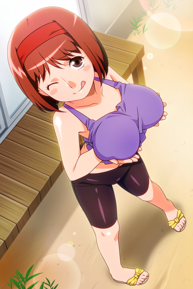 1girl, bike_shorts, blush_stickers, breasts, brown_eyes, brown_hair, day, full_body, kayama_tamami, large_breasts, lens_flare, looking_at_viewer, non-web_source, official_art, one_eye_closed, outdoors, photoshop_(medium), sandals, short_hair, smile, solo, standing, super_real_mahjong, tanaka_ryou, tongue, tongue_out