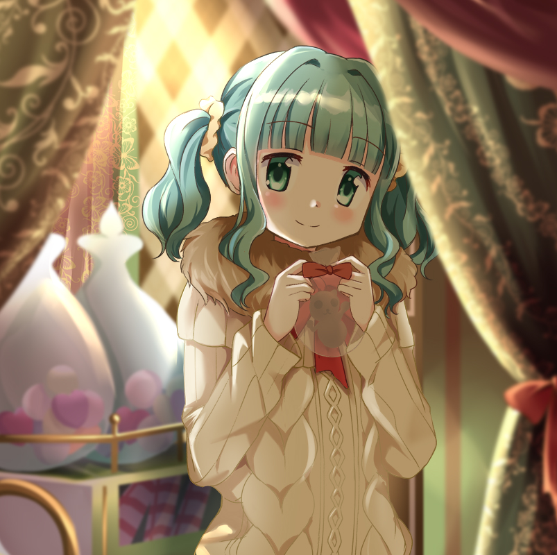 1girl, aqua_hair, aran_sweater, bag, blunt_bangs, blush, bow, brown_scarf, cable_knit, curtains, fur_scarf, futaba_sana, futaba_sana_(winter_costume), green_eyes, hair_ornament, hair_scrunchie, head_tilt, holding, holding_bag, indoors, long_sleeves, looking_at_viewer, magia_record:_mahou_shoujo_madoka_magica_gaiden, mahou_shoujo_madoka_magica, medium_hair, neck_ribbon, red_bow, red_ribbon, ribbon, rikopin, scarf, scrunchie, sidelocks, smile, solo, split_mouth, sweater, twintails, upper_body, wavy_hair, yellow_scrunchie, yellow_sweater