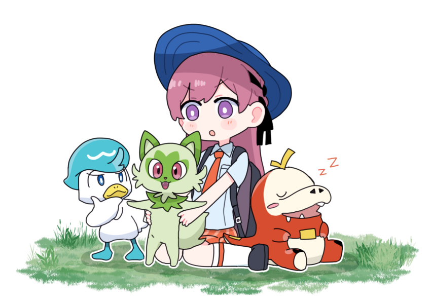 1girl, backpack, bag, black_hair, braid, cosplay, fuecoco, grass