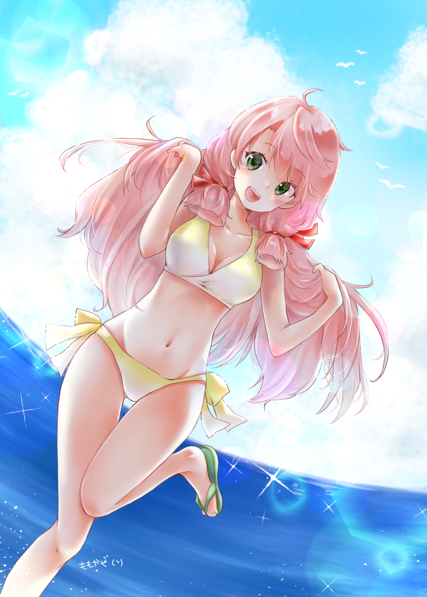 1girl, :d, absurdres, akashi_(kancolle), akashi_(swimsuit)_(kancolle), artist_name, bikini, blunt_tresses
