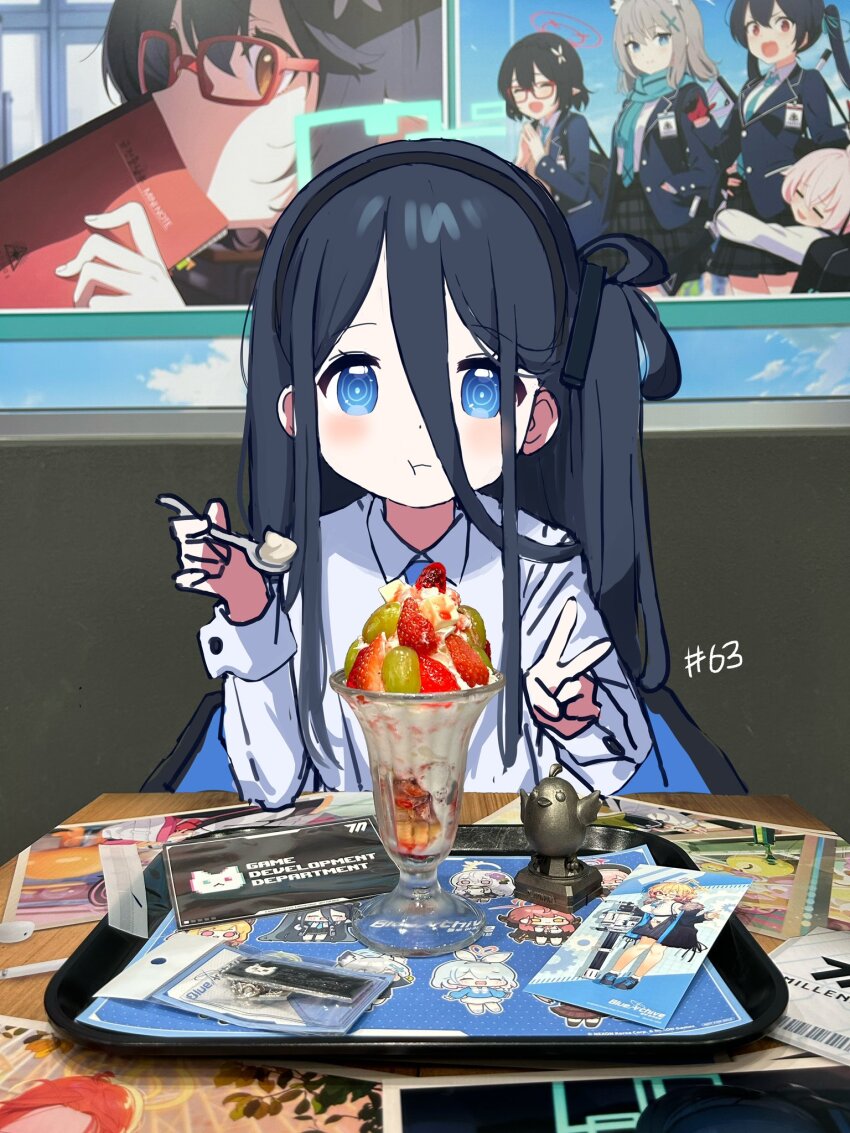 1girl, aris_(blue_archive), blue_archive, blue_eyes, dessert, food, formal_clothes, hair_between_eyes, halo, highres, jacket, long_hair_between_eyes, necktie, open_clothes, open_jacket, penguin_(tendouaris), school_uniform, suit, v