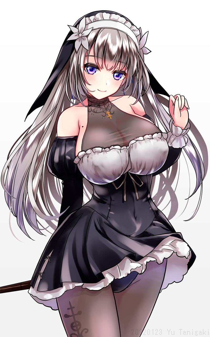 1girl, arm_behind_back, artist_name, black_dress, black_panties, black_pantyhose, black_sleeves, blush, breasts, brown_ribbon, cleavage, closed_mouth, commentary_request, covered_navel, cowboy_shot, cross, dated, detached_sleeves, dress, flower, grey_background, grey_hair, habit, hair_between_eyes, hair_flower, hair_ornament, highres, holding, holding_staff, juliet_sleeves, large_breasts, lelia_(sinisistar), long_hair, long_sleeves, looking_at_viewer, mole, mole_on_breast, nun, nun_headdress, panties, panties_under_pantyhose, pantyhose, pantyshot, puffy_sleeves, purple_eyes, rei_no_himo, ribbon, see-through_cleavage, see-through_clothes, short_dress, simple_background, sinisistar, smile, solo, staff, underwear, white_background, white_flower, yamaguchi_yuu