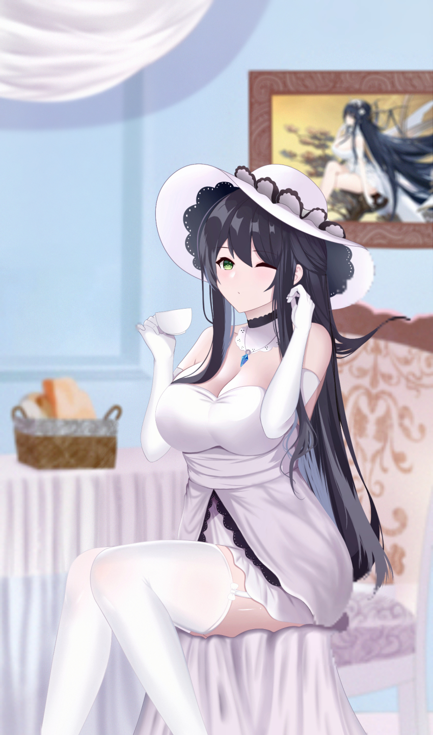 1girl, azur_lane, bare_shoulders, basket, black_hair, blue_gem, blurry, blurry_background