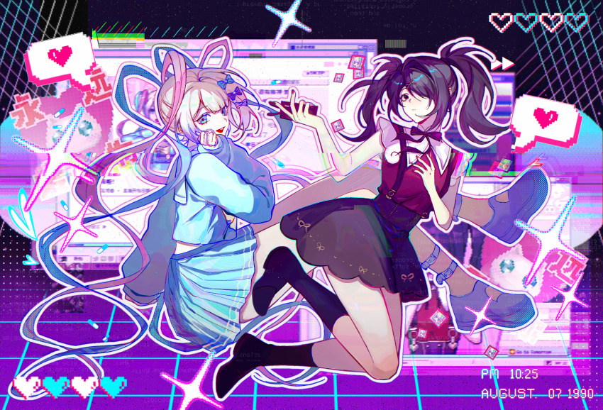 2girls, absurdres, ame-chan_(needy_girl_overdose), black_eyes, black_hair, black_ribbon, black_skirt, black_socks, blonde_hair, blue_bow, blue_eyes, blue_footwear, blue_hair, blue_shirt, blue_skirt, bow, chouzetsusaikawa_tenshi-chan, closed_mouth, collar, collared_shirt, frills, full_body, gathers, hair_bow, hair_ornament, hair_over_one_eye, hair_tie, hairclip, heart, heart_hair_ornament, highres, holding, jirai_kei, long_hair, long_sleeves, looking_at_viewer, luna_(carrrlio), medium_hair, multicolored_hair, multiple_girls, neck_ribbon, needy_girl_overdose, open_mouth, phone, pink_bow, pink_hair, platform_footwear, pleated_skirt, purple_bow, quad_tails, red_shirt, ribbon, sailor_collar, school_uniform, serafuku, shirt, shirt_tucked_in, sitting, skirt, smile, socks, sparkle, suspender_skirt, suspenders, twintails, vaporwave, very_long_hair, white_collar, x_hair_ornament