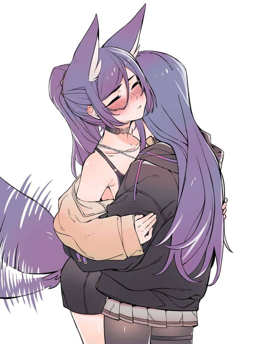 2girls, animal_ear_fluff, animal_ears, black_bra, black_choker, black_hoodie, blush, bra