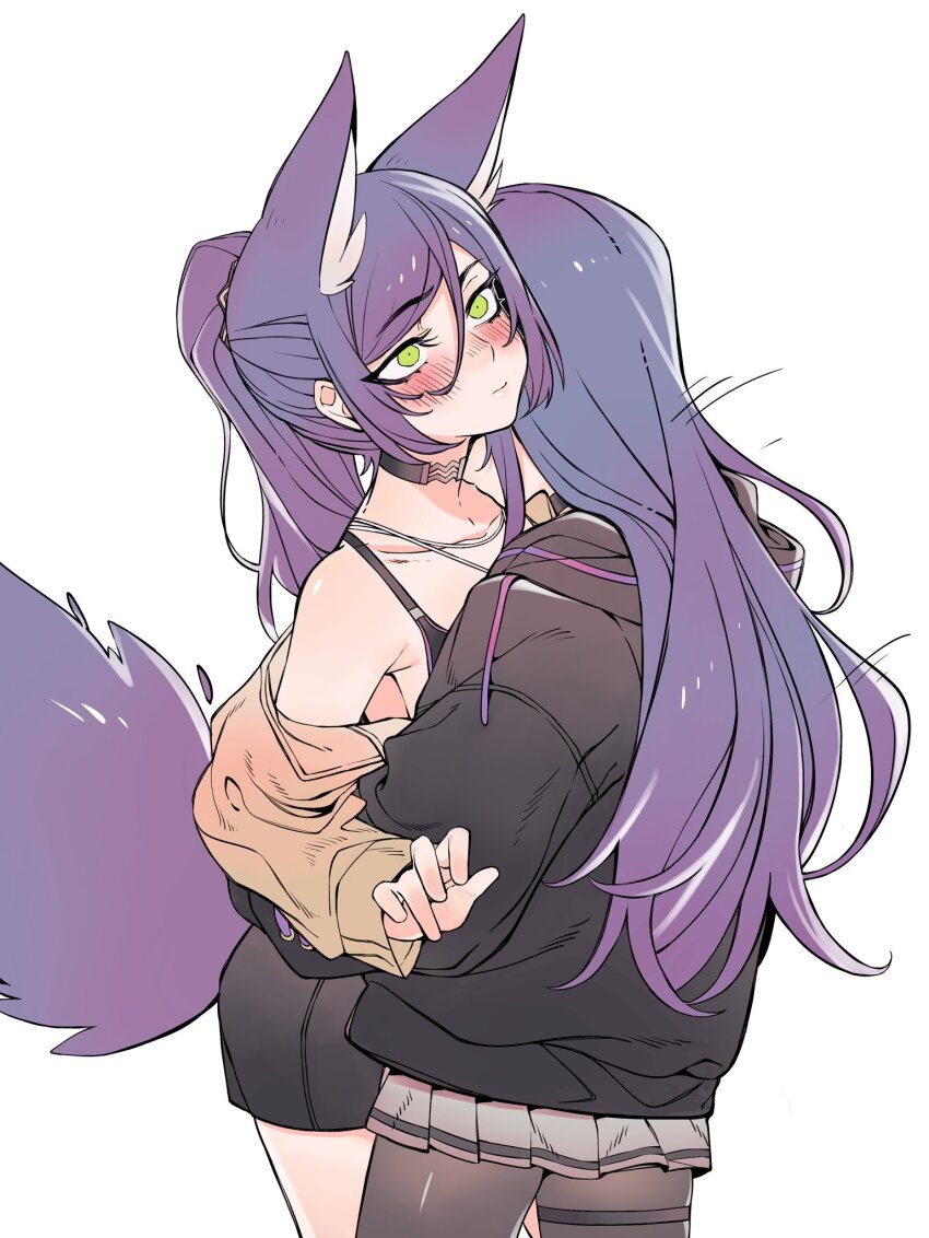 2girls, animal_ear_fluff, animal_ears, black_bra, black_choker, black_hoodie, blush, bra