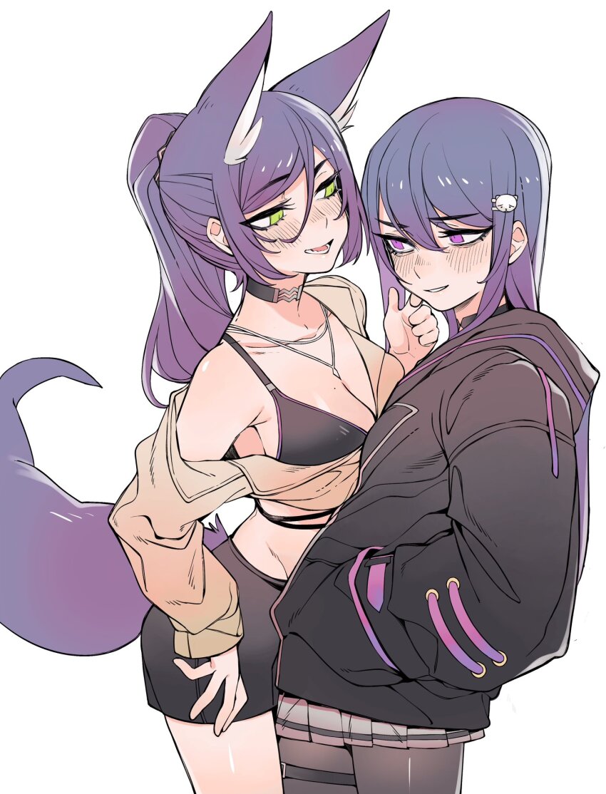 2girls, :d, animal_ear_fluff, animal_ears, black_bra, black_choker, black_hoodie, blush
