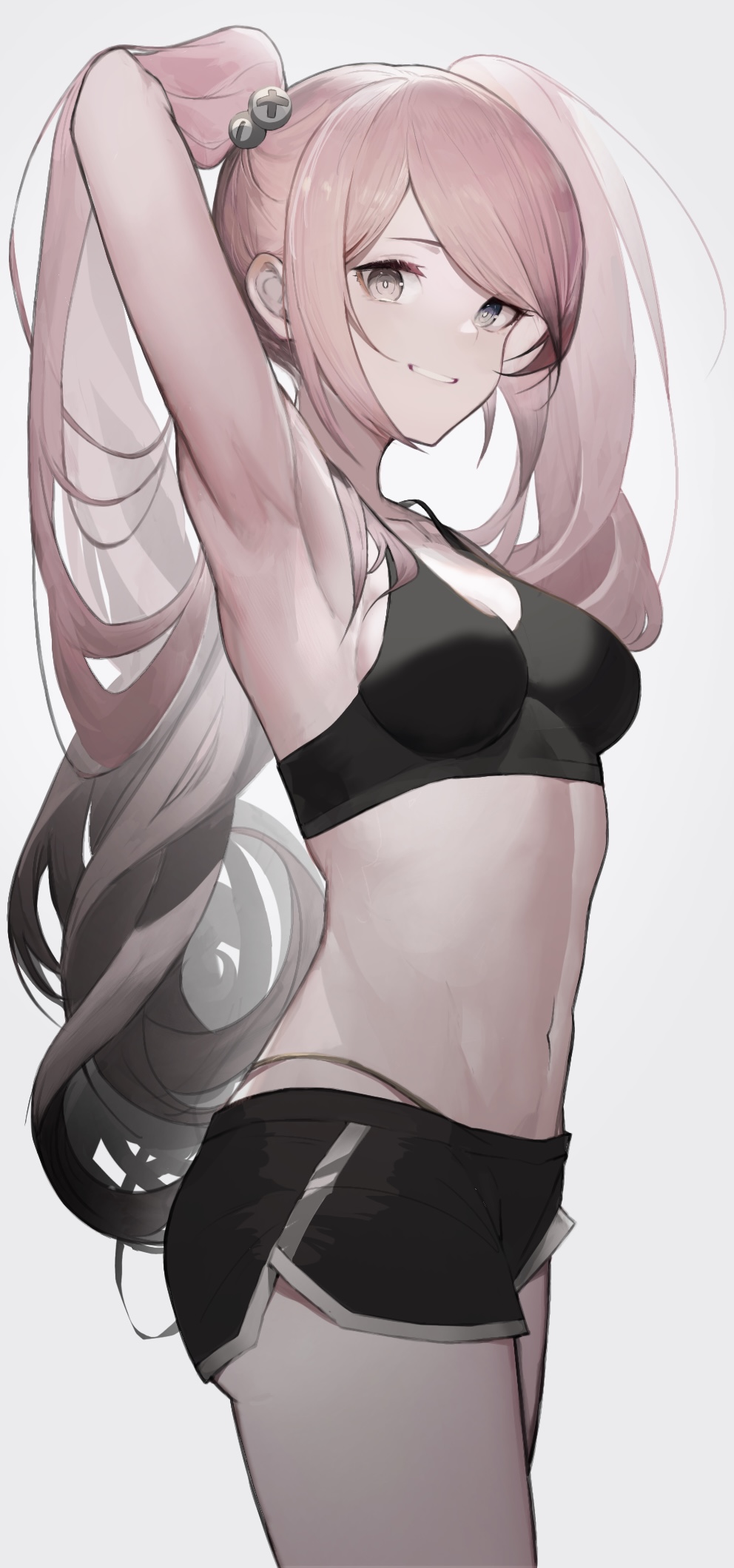 1girl, anths, arm_up, armpits, bare_shoulders, black_bra, black_eyes, black_hair