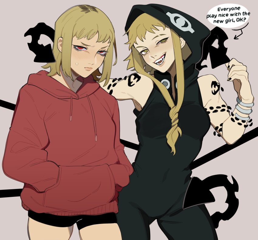 2girls, absurdres, black_jumpsuit, black_nails, blonde_hair, braid, chainsaw_man, crossover, english_text, grey_background, hands_in_pockets, highres, hood, hooded_jumpsuit, hoodie, jumpsuit, long_hair, medium_hair, medusa_gorgon, multicolored_hair, multiple_girls, nail_polish, open_mouth, porqueloin, red_eyes, red_hoodie, roots_(hair), sawatari_akane_(chainsaw_man), sharp_teeth, shorts, simple_background, sleeveless_jumpsuit, smile, snake, soul_eater, sweat, tail, teeth, trait_connection, yellow_eyes