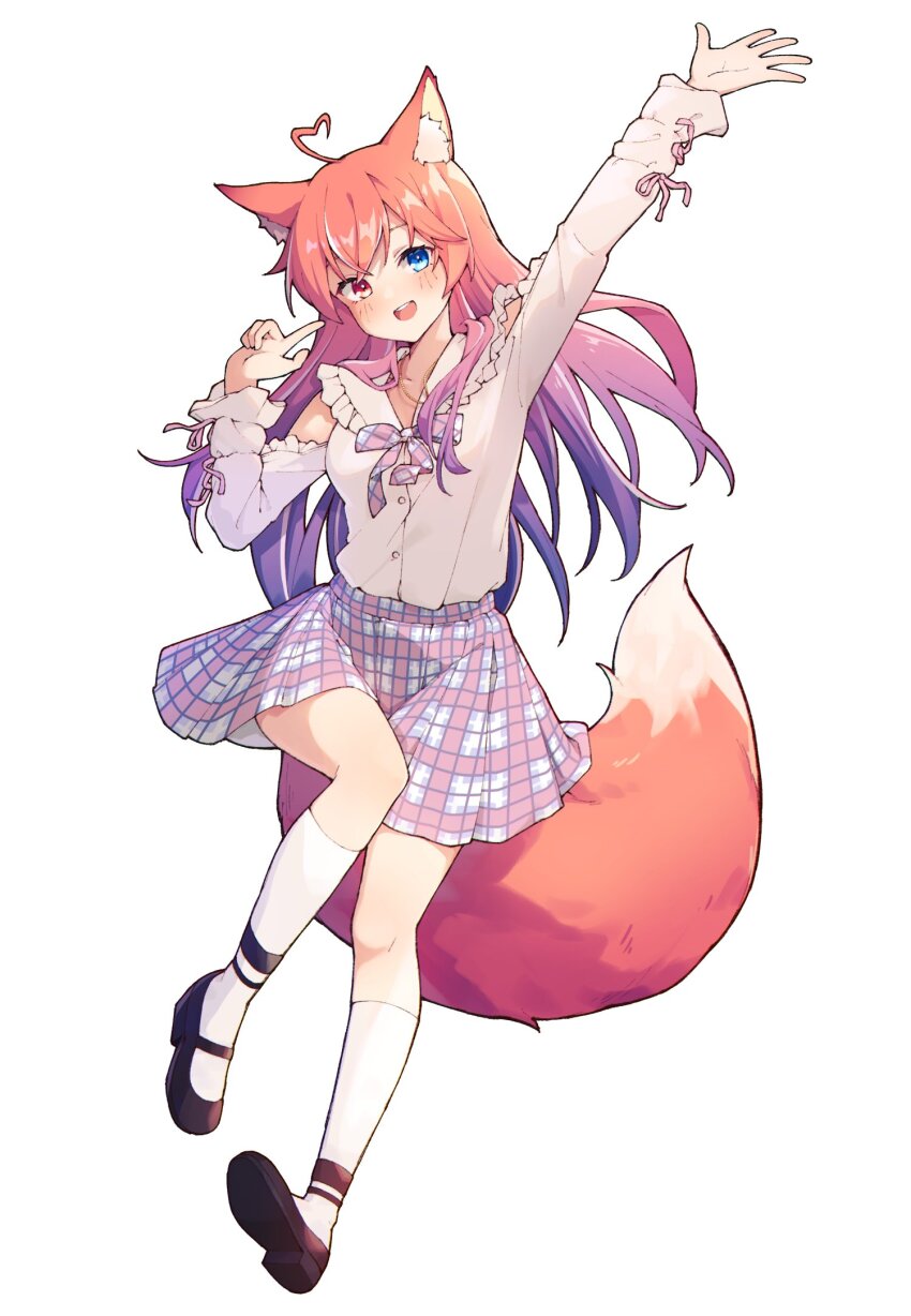 1girl, :d, animal_ears, arm_cutout, arm_up, blue_eyes, clothing_cutout, fox_ears, fox_girl, fox_tail, full_body, gradient_hair, heterochromia, highres, indie_virtual_youtuber, kitsui_akira, long_hair, long_sleeves, looking_at_viewer, mary_janes, multicolored_hair, open_mouth, pink_hair, plaid_clothes, plaid_skirt, purple_hair, red_eyes, seion, shirt, shoes, skirt, smile, tail, virtual_youtuber, white_shirt