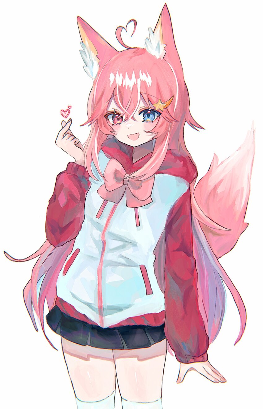 1girl, :d, ahoge, animal_ears, black_skirt, blue_eyes, fox_ears, fox_girl