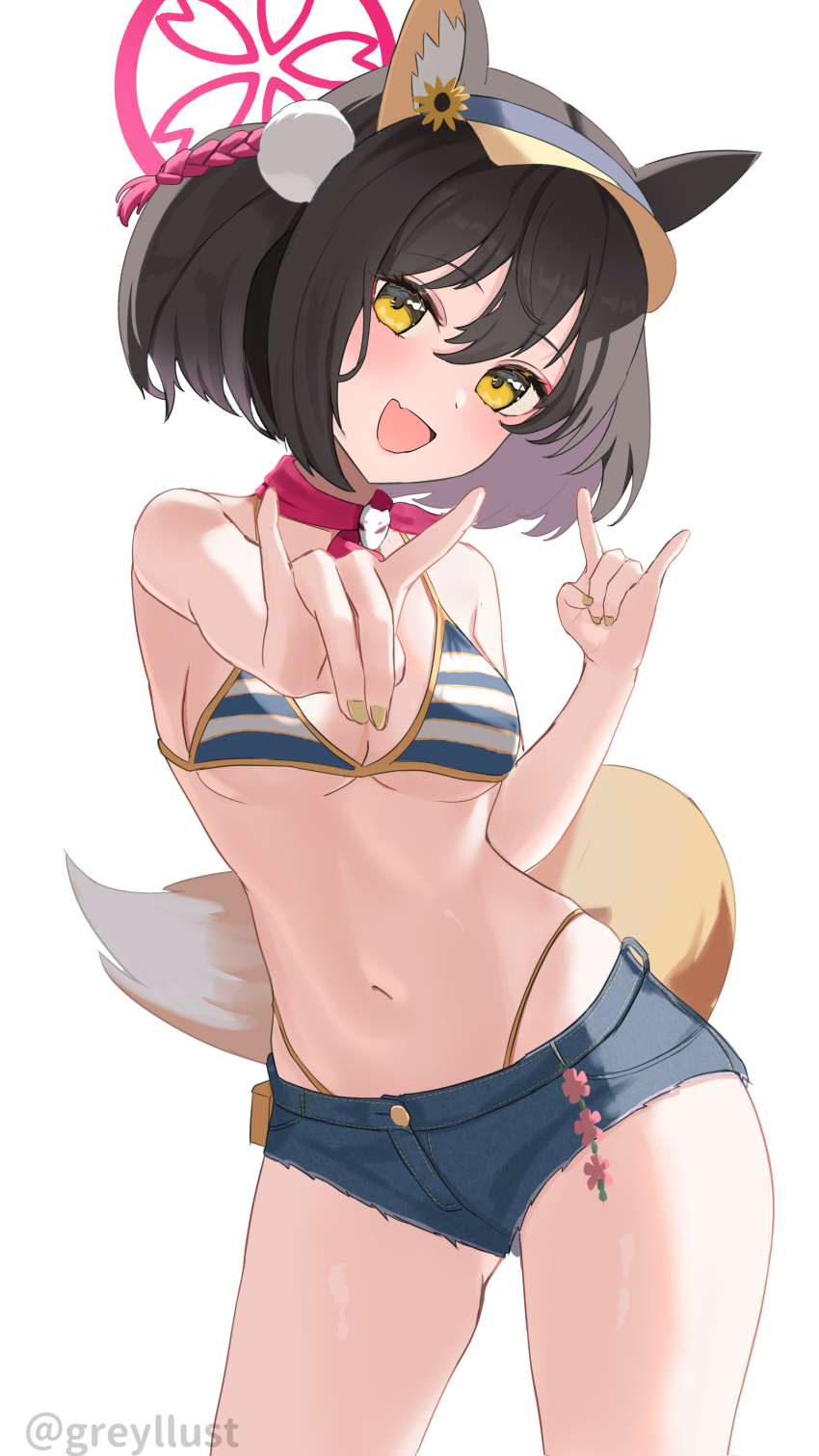 1girl, absurdres, animal_ear_fluff, animal_ears, animal_hair_ornament, bikini, blue_archive, brown_hair, contrapposto, cowboy_shot, denim, denim_shorts, fang, fox_ears, fox_girl, fox_hair_ornament, fox_shadow_puppet, fox_tail, guree_(haiiro), hair_ornament, halo, highleg, highleg_bikini, highres, izuna_(blue_archive), izuna_(swimsuit)_(blue_archive), micro_shorts, pink_scarf, pom_pom_(clothes), pom_pom_hair_ornament, scarf, short_hair, shorts, skin_fang, standing, striped_bikini, striped_clothes, swimsuit, tail, visor_cap, white_background, yellow_eyes