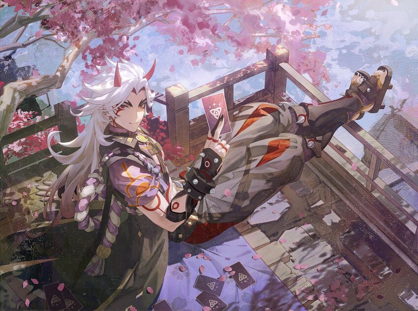 1boy, arataki_itto, architecture, arm_support, balcony, black_coat, black_footwear, black_nails