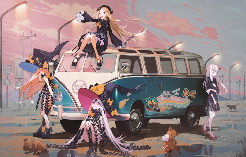 4girls, :d, abigail_williams_(fate), abigail_williams_(first_ascension)_(fate), arrow_(symbol), black_bow, black_cat, black_dress