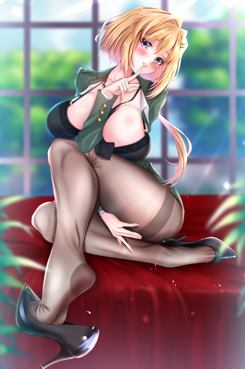 1girl, absurdres, blonde_hair, blush, bra, breasts, covering_privates, covering_crotch