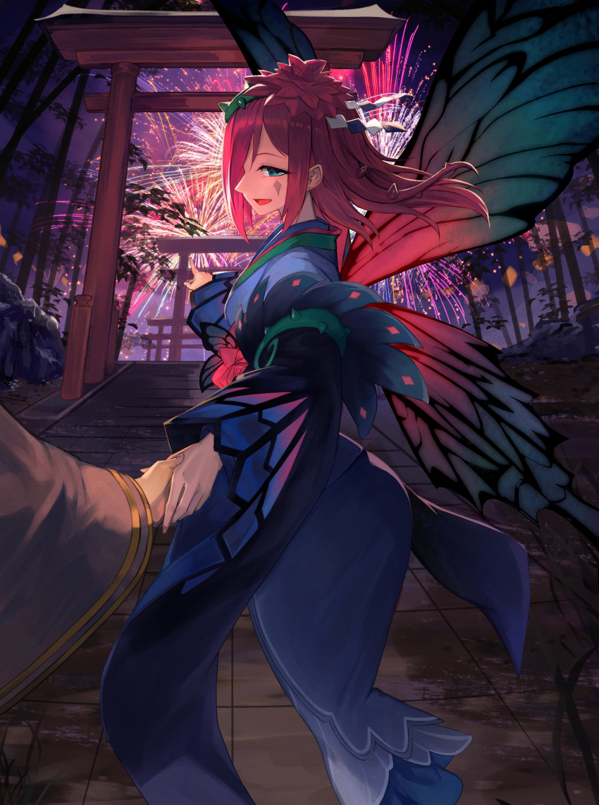 1girl, 1other, absurdres, aerial_fireworks, blue_eyes, blue_kimono, butterfly_wings, commission
