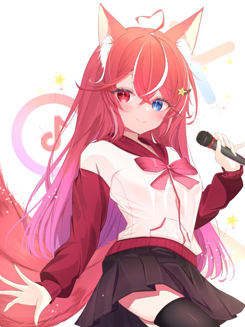 1girl, animal_ears, black_skirt, black_thighhighs, blue_eyes, cardigan, fox_ears, fox_girl, fox_tail, gradient_hair, heterochromia, highres, indie_virtual_youtuber, kitsui_akira, long_hair, long_sleeves, looking_at_viewer, mark_bm28, microphone, miniskirt, multicolored_hair, pleated_skirt, purple_hair, red_eyes, red_hair, skirt, smile, streaked_hair, tail, thighhighs, virtual_youtuber, white_hair