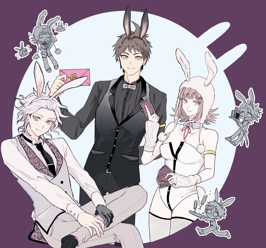 1girl, 2boys, ahoge, animal_ears, animal_hood, baba_(sizennha_pan2), bare_shoulders, black_gloves