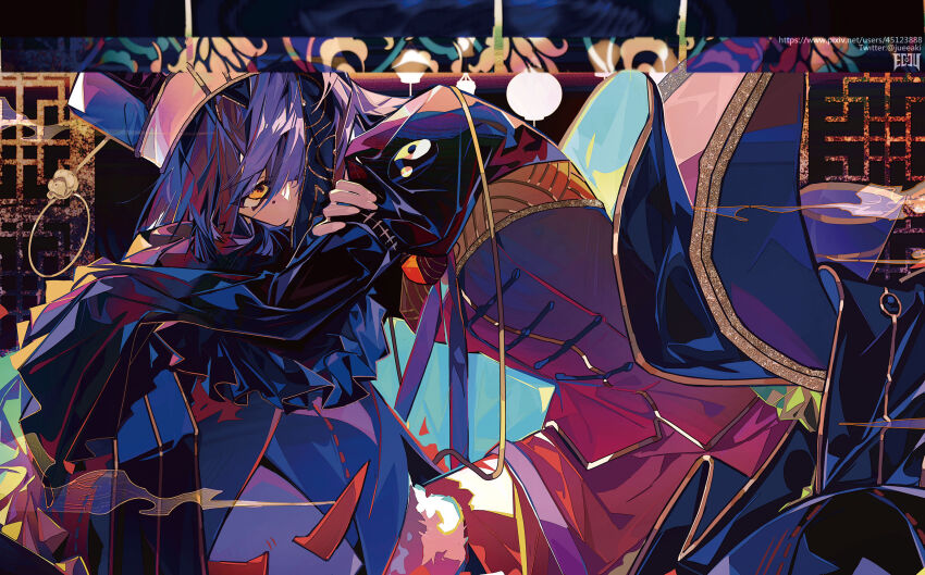 1girl, black_hair, brown_eyes, character_doll, doll, dress, eeju, fate/grand_order, fate_(series), fingernails, hair_over_one_eye, hat, highres, mole, mole_under_eye, pixiv_id, twitter_username, wide_sleeves, xu_fu_(fate), xu_fu_(third_ascension)_(fate), yin_yang