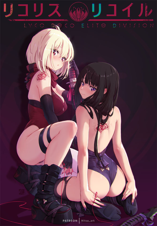 2girls, alternate_costume, artist_name, ass, back, back_tattoo, bare_shoulders, black_footwear