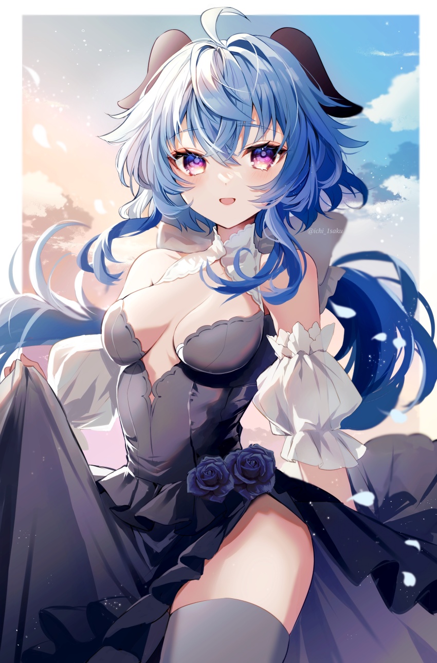 1girl, :d, absurdres, ahoge, alternate_costume, bare_shoulders, black_dress, black_flower