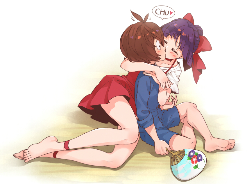 1boy, 1girl, antenna_hair, arms_around_neck, barefoot, blue_shirt, blue_shorts, blush