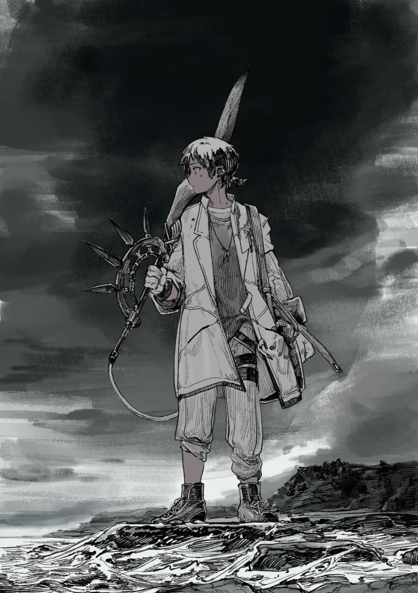 1boy, arknights, black_boots, boots, cloud, cloudy_sky, commentary, dark-skinned_male