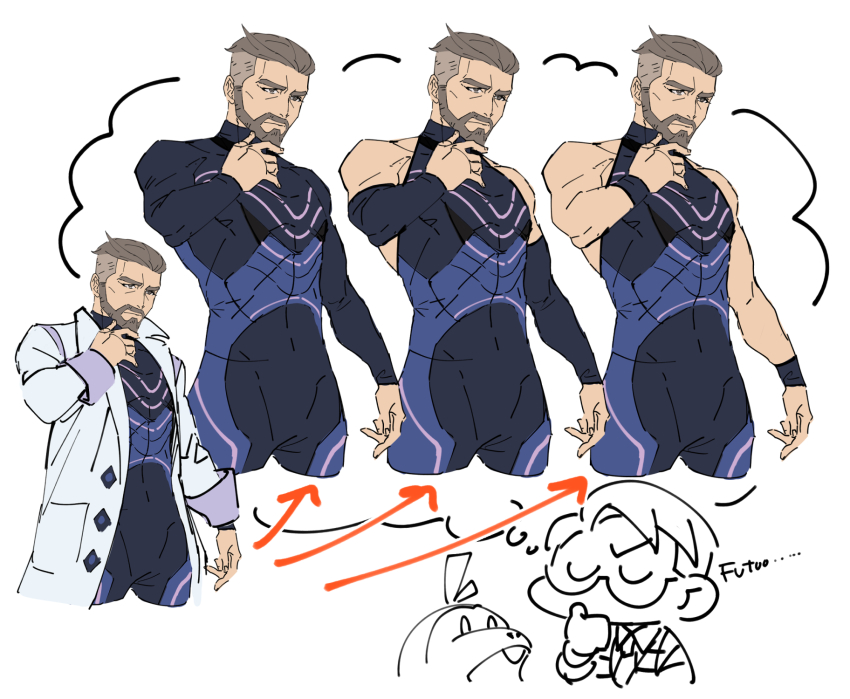 2boys, alternate_costume, bare_arms, bare_shoulders, beard, black_bodysuit, bodysuit, closed_mouth