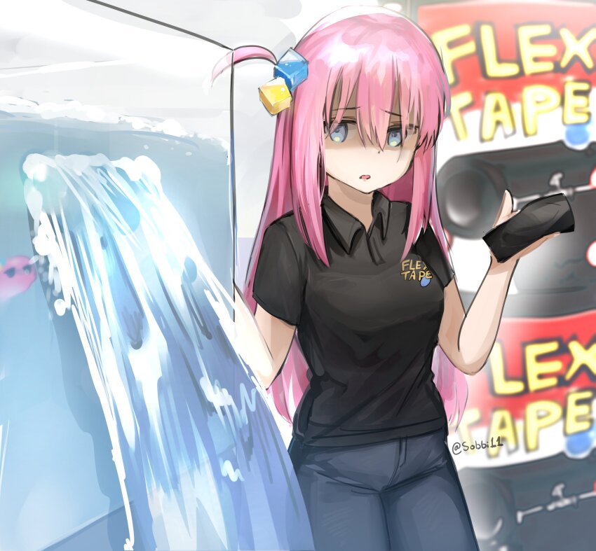 1girl, absurdres, black_shirt, blue_eyes, bocchi_the_rock!, breasts, commentary, cosplay, cube_hair_ornament, denim, english_commentary, flex_tape, gotoh_hitori, hair_ornament, highres, holding, jeans, looking_to_the_side, medium_breasts, one_side_up, open_mouth, pants, parody, phil_swift, phil_swift_(cosplay), polo_shirt, shaded_face, shirt, sobbi11, solo, tape, water, worried