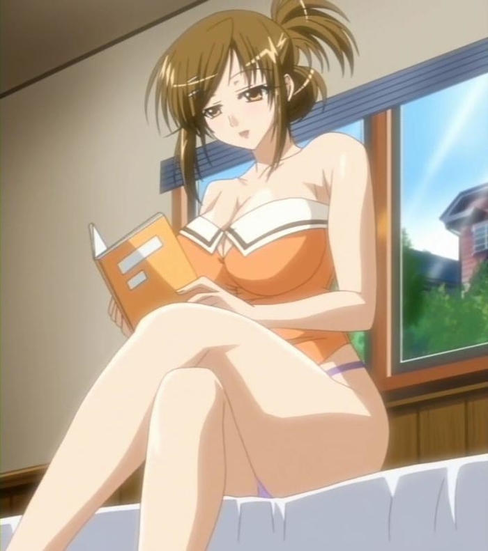 1girl, akizuki_sara, bed, blouse, book, breasts, brown_eyes, brown_hair