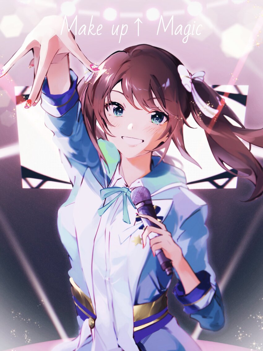 1boy, \||/, absurdres, arm_up, blue_jacket, blush, brown_hair, collared_jacket, fingerless_gloves, gloves, highres, holding, holding_microphone, idolmaster, idolmaster_side-m, jacket, looking_at_viewer, male_focus, maro_np, microphone, mizushima_saki, nail_polish, necktie, sidelocks, smile, stage_lights, trap, twintails, upper_body