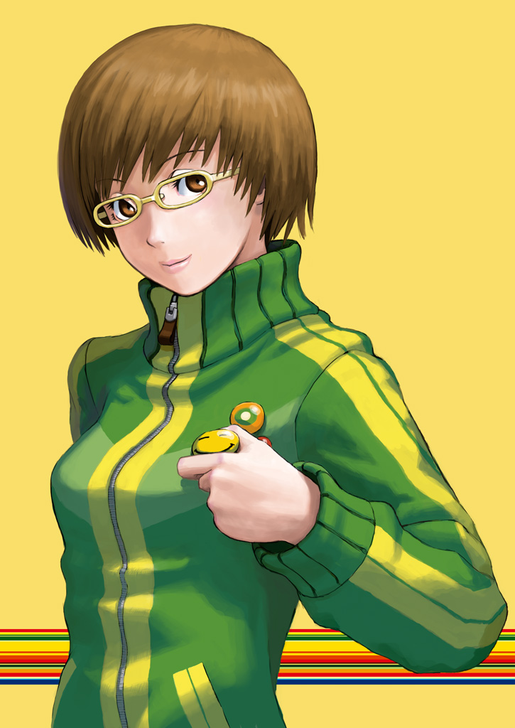 1girl, atam, atlus, bad_id, bad_pixiv_id, brown_eyes, brown_hair, female_focus, glasses, jacket, lapel_pin, persona, persona_4, pin, satonaka_chie, short_hair, smile, smiley_face, solo, tomboy, track_jacket, yellow-framed_eyewear, yellow_background