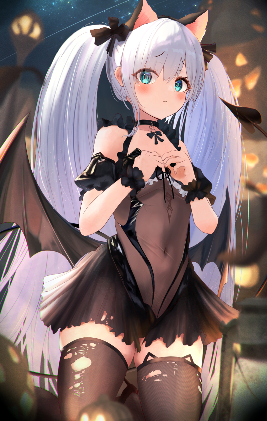 1girl, absurdres, animal_ear_legwear, animal_ears, aqua_eyes, azur_lane, bat_wings, black_bow, black_choker, blurry, blurry_background, bow, cat_ear_legwear, choker, covered_navel, demon_tail, fake_animal_ears, grey_hair, hair_bow, halloween, highres, janus_(azur_lane), janus_(fright-night_scaredy-cat)_(azur_lane), olivia0, see-through_clothes, sky, solo, star_(sky), starry_sky, tail, thighhighs, torn_clothes, torn_thighhighs, twintails, wings