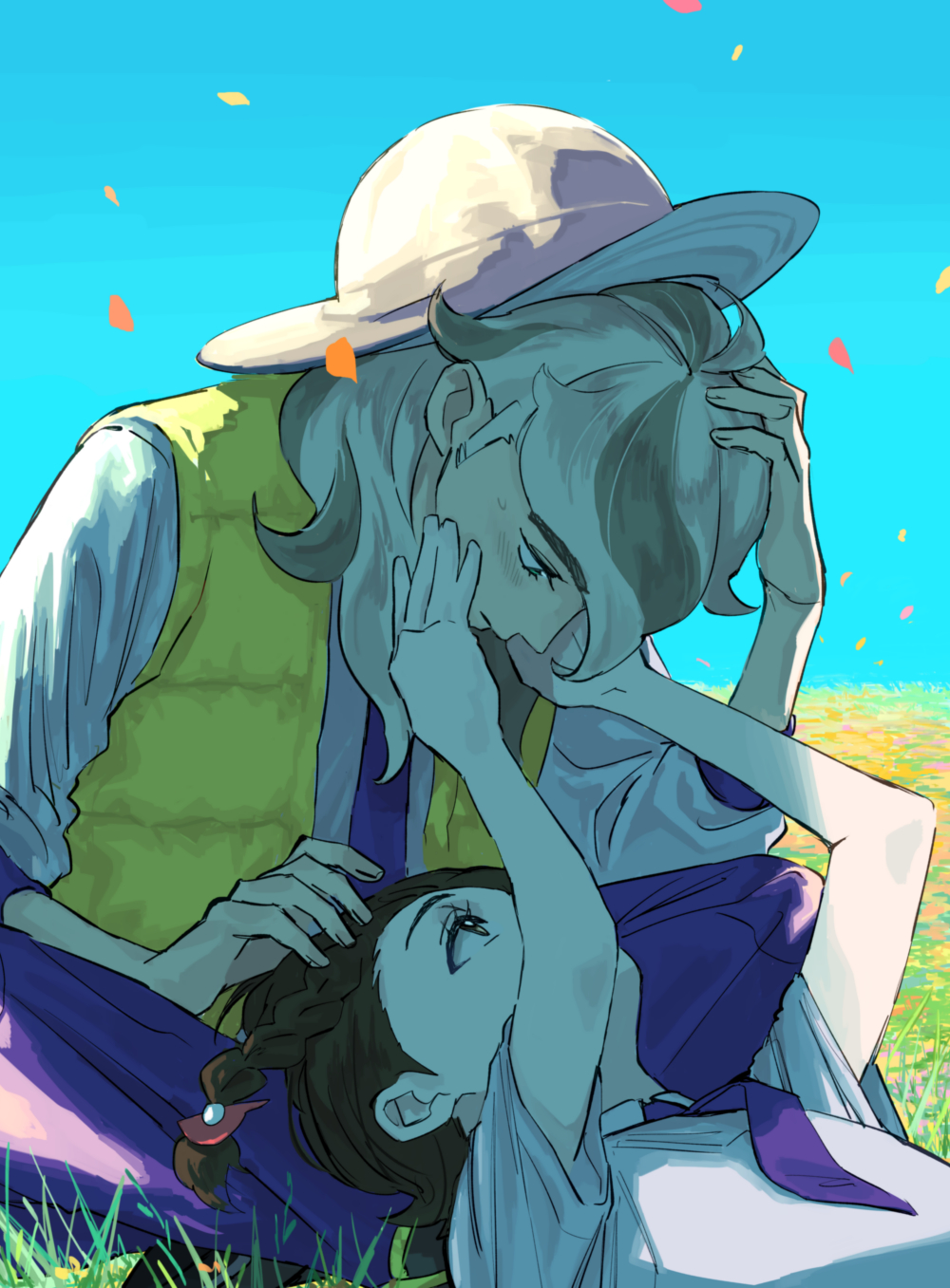 1boy, 1girl, arven_(pokemon), blush, braid, brown_hair, commentary_request, day, eye_contact, eyelashes, falling_petals, grass, hat, highres, juliana_(pokemon), long_hair, looking_at_another, lying, necktie, nintendo, open_clothes, open_vest, outdoors, pants, petals, pokemon, pokemon_scarlet_and_violet, purple_necktie, purple_pants, shirt, short_sleeves, sitting, sky, sweatdrop, umi_meteo, vest, yellow_vest