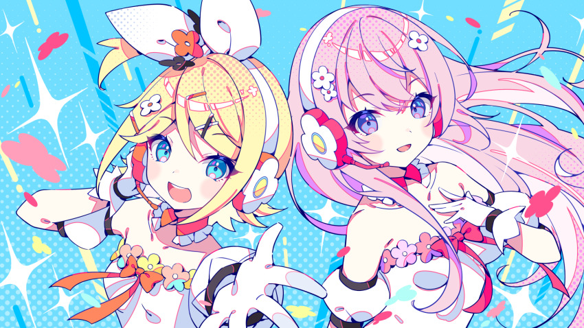 2girls, alternate_costume, blonde_hair, blue_eyes, blush, bow, breasts, collar, collarbone, detached_collar, dress, flower, flower_headphones, frills, gloves, hair_between_eyes, hair_bow, hair_flower, hair_ornament, hair_ribbon, hairclip, headphones, highres, idol, kagamine_rin, long_hair, looking_at_viewer, medium_breasts, megurine_luka, microphone, multiple_girls, necktie, off-shoulder_dress, off_shoulder, official_art, orange_bow, pink_bow, pink_hair, puffy_short_sleeves, puffy_sleeves, purple_eyes, ribbon, short_hair, short_sleeves, sidelocks, simple_background, small_breasts, smile, tatejima_uri, upper_body, vocaloid, white_dress, white_gloves, white_ribbon, wrist_cuffs