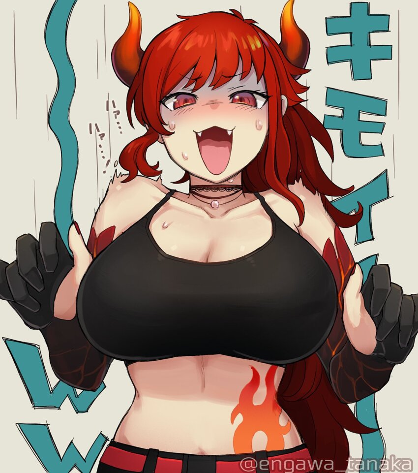1girl, belt, breasts, choker, dola_(nijisanji), dragon_girl, dragon_horns, engawa_tanaka, fangs, gloves, highres, horns, large_breasts, long_hair, midriff, nijisanji, open_mouth, partially_fingerless_gloves, red_eyes, red_hair, solo, tank_top, tattoo, virtual_youtuber