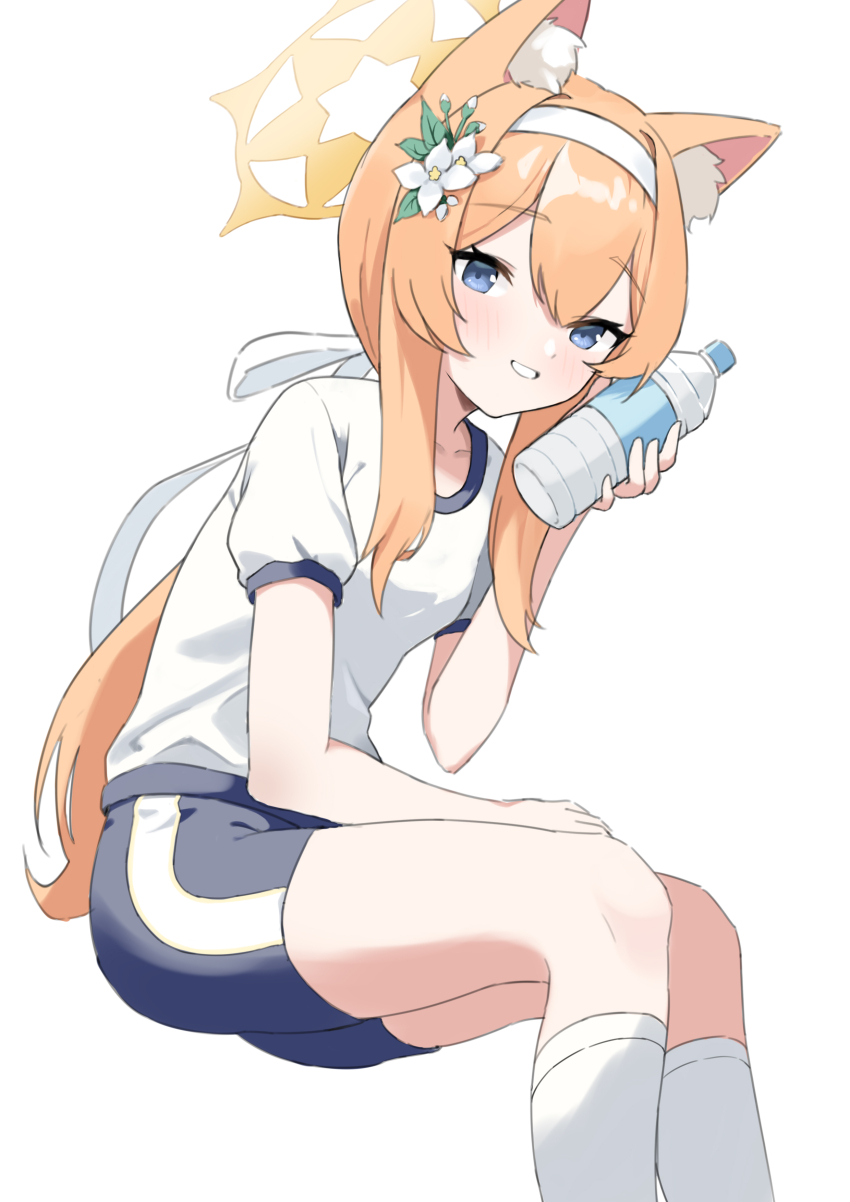 1girl, absurdres, animal_ear_fluff, animal_ears, blue_archive, blue_eyes, blue_shorts, bottle