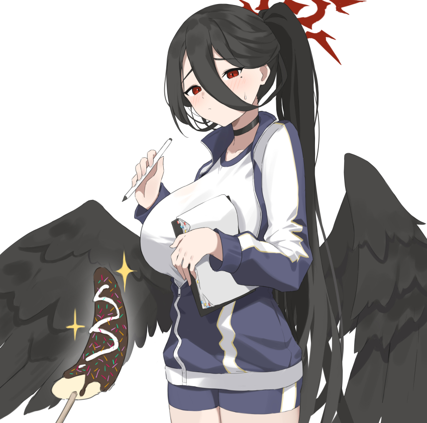 1girl, absurdres, black_choker, black_hair, blue_archive, blue_jacket, blue_shorts, blush