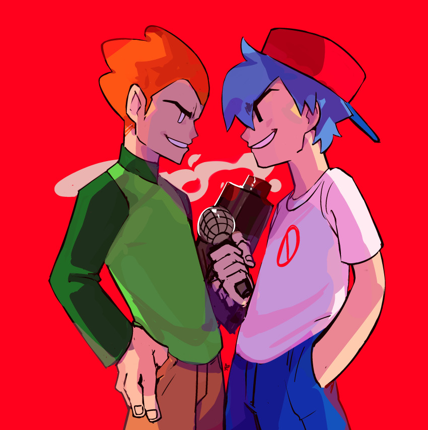 2boys, absurdres, benzbt, blue_hair, boyfriend_(friday_night_funkin'), eye_contact, finger_gun, friday_night_funkin'