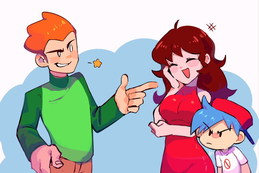 1girl, 2boys, ^_^, ahoge, bare_arms, benzbt, blue_hair, blush_stickers