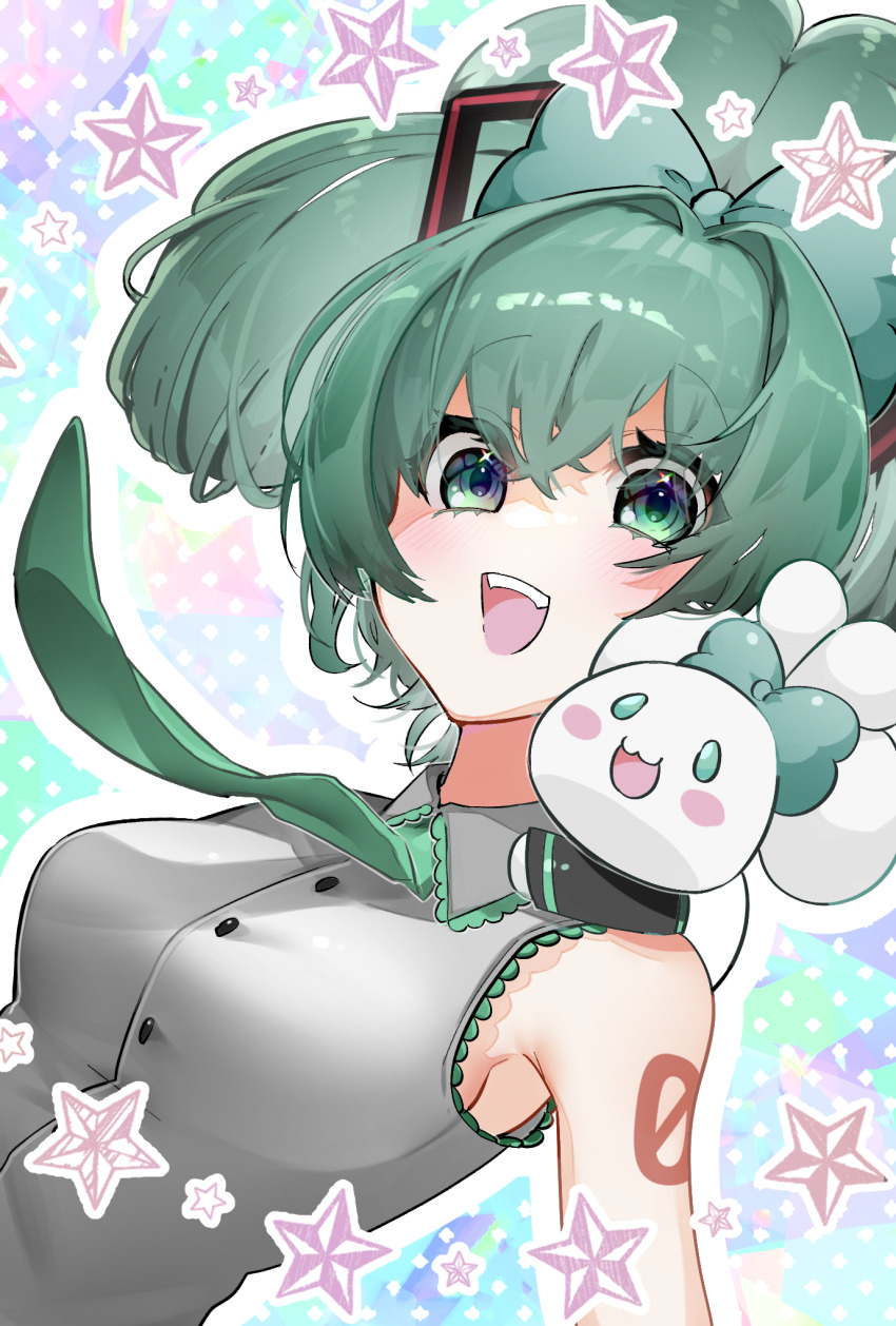 1girl, 1other, alternate_costume, armpits, breasts, cinnamiku, green_eyes, green_hair