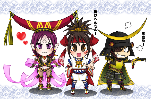 2girls, armor, brown_eyes, brown_hair, cape, chibi, da_ji, date_masamune_(sengoku_musou)