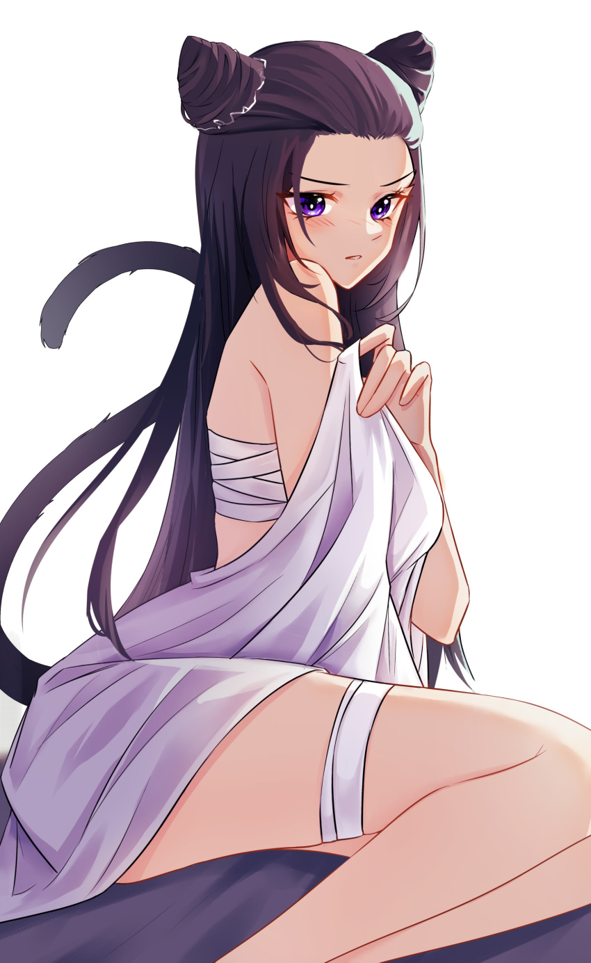 1girl, absurdres, bandage_on_thigh, bed_sheet, black_hair, blanket, blush, bright_pupils