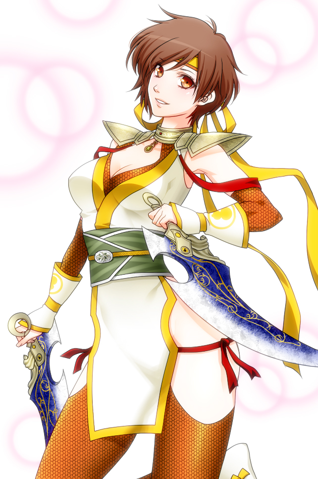 1girl, brown_eyes, brown_hair, choker, detached_sleeves, female_focus, headband, kunai