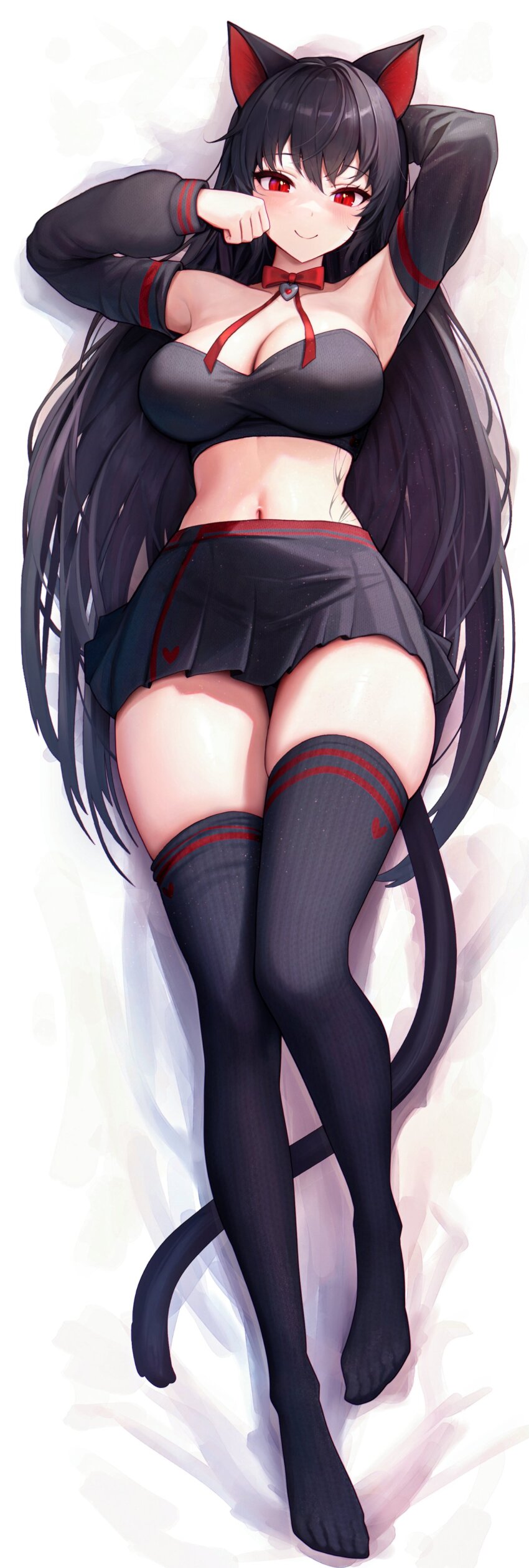 1girl, absurdres, animal_ears, arm_behind_head, arm_up, armpits, bandeau, bare_shoulders