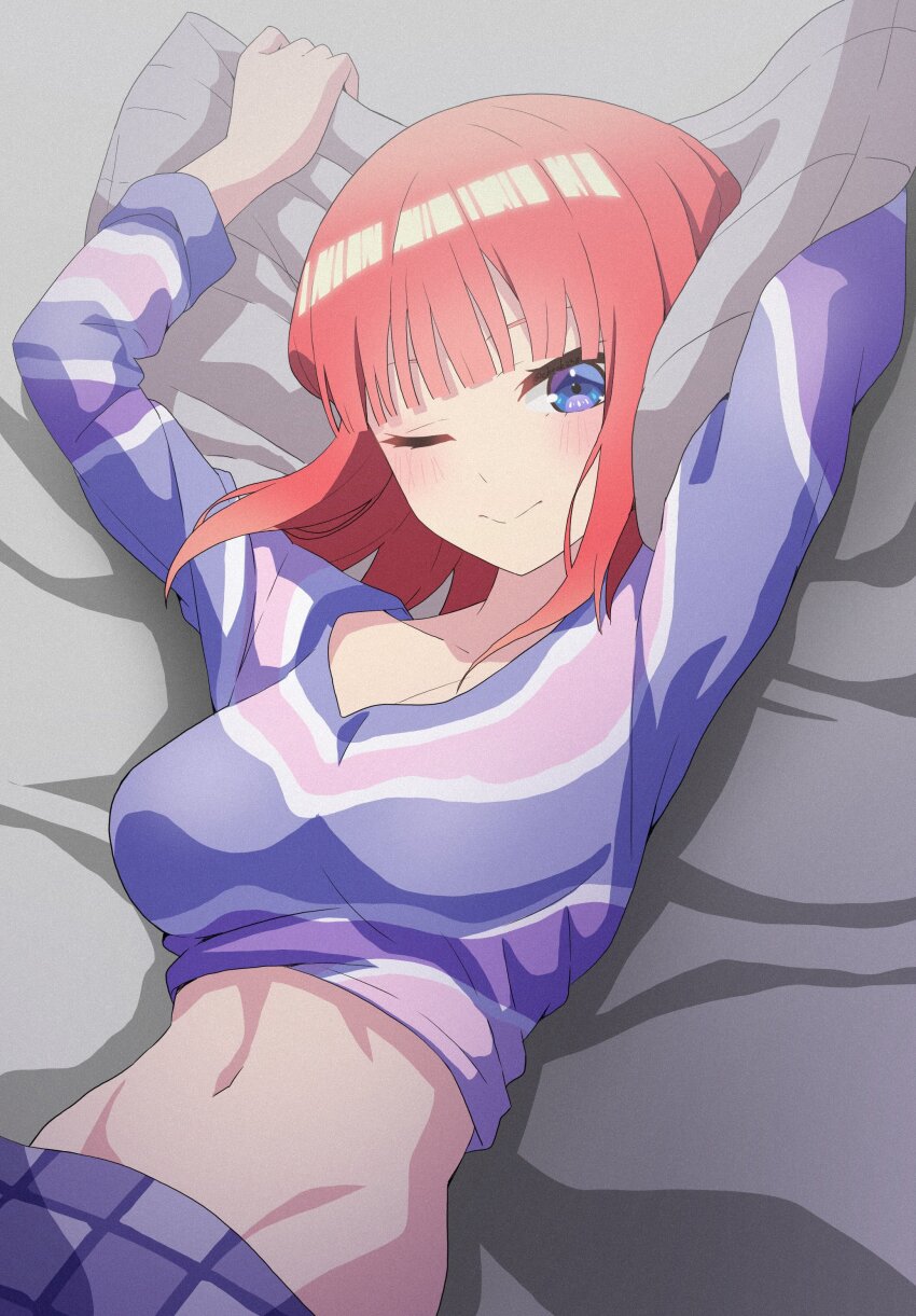 1girl, absurdres, arms_up, bed, blue_eyes, blue_pajamas, blue_shirt, blush